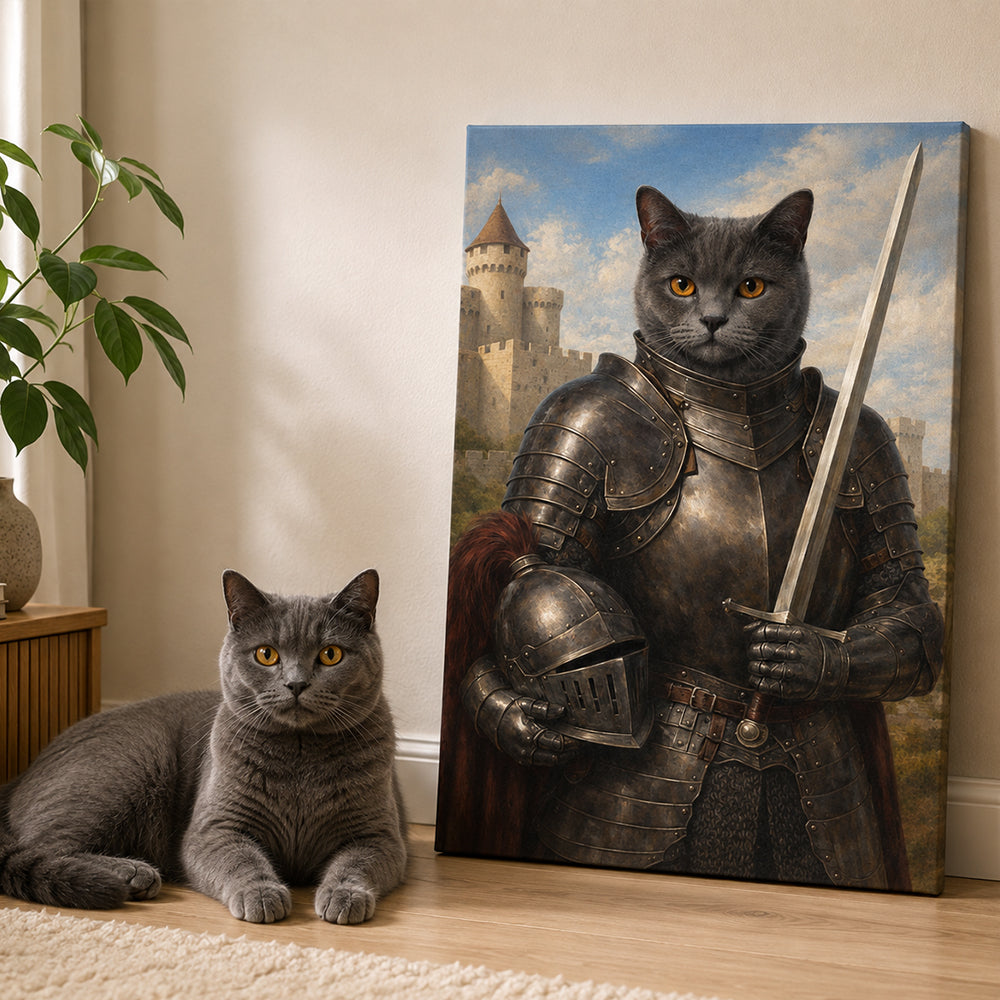 Personalized Medieval Knight Pet Portrait Canvas Custom Renaissance Style Dog Cat Wall Art Unique Memorial Gift for Pet Lovers Owners