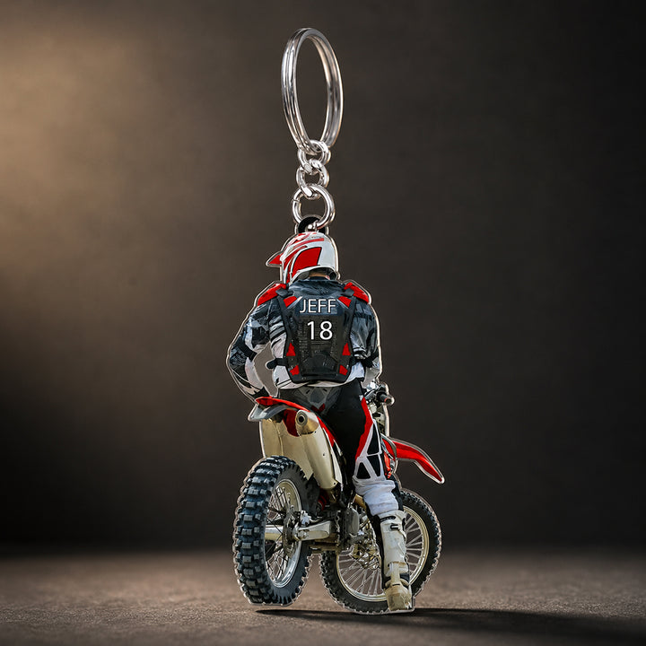 Personalized Motocross Racer Acrylic Keychain with Name Custom Dirt Bike Keyring Birthday Gift for Motorcycle Riders Racing Lovers