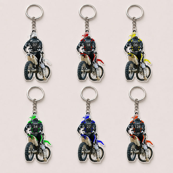 Personalized Motocross Racer Acrylic Keychain with Name Custom Dirt Bike Keyring Birthday Gift for Motorcycle Riders Racing Lovers