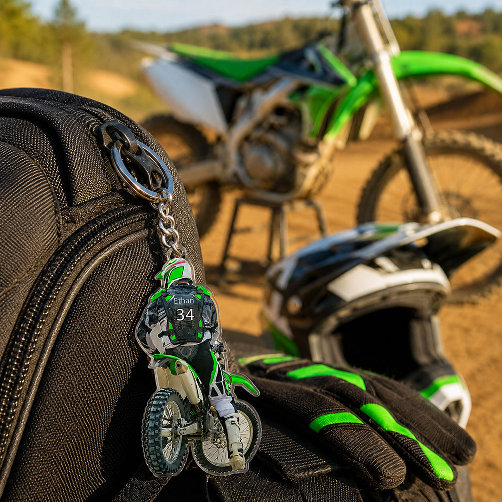 Personalized Motocross Racer Acrylic Keychain with Name Custom Dirt Bike Keyring Birthday Gift for Motorcycle Riders Racing Lovers