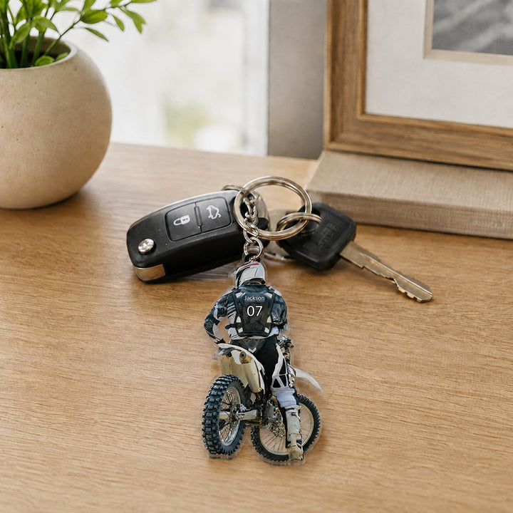 Personalized Motocross Racer Acrylic Keychain with Name Custom Dirt Bike Keyring Birthday Gift for Motorcycle Riders Racing Lovers