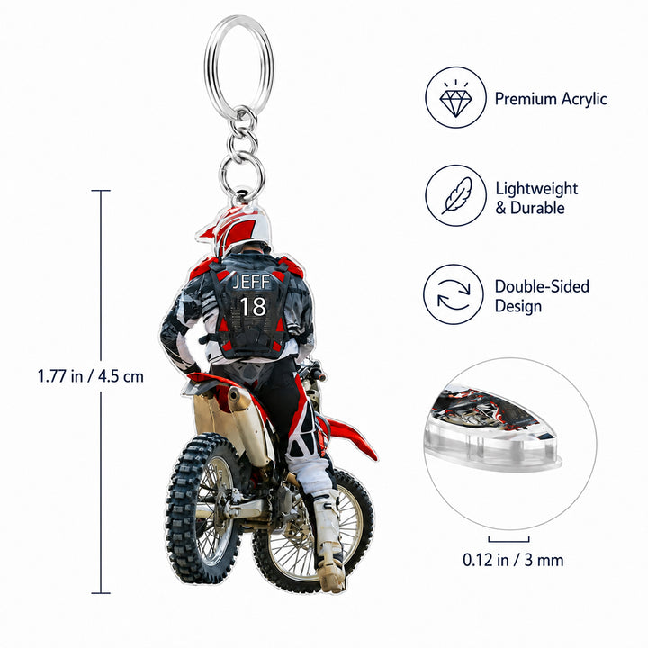 Personalized Motocross Racer Acrylic Keychain with Name Custom Dirt Bike Keyring Birthday Gift for Motorcycle Riders Racing Lovers