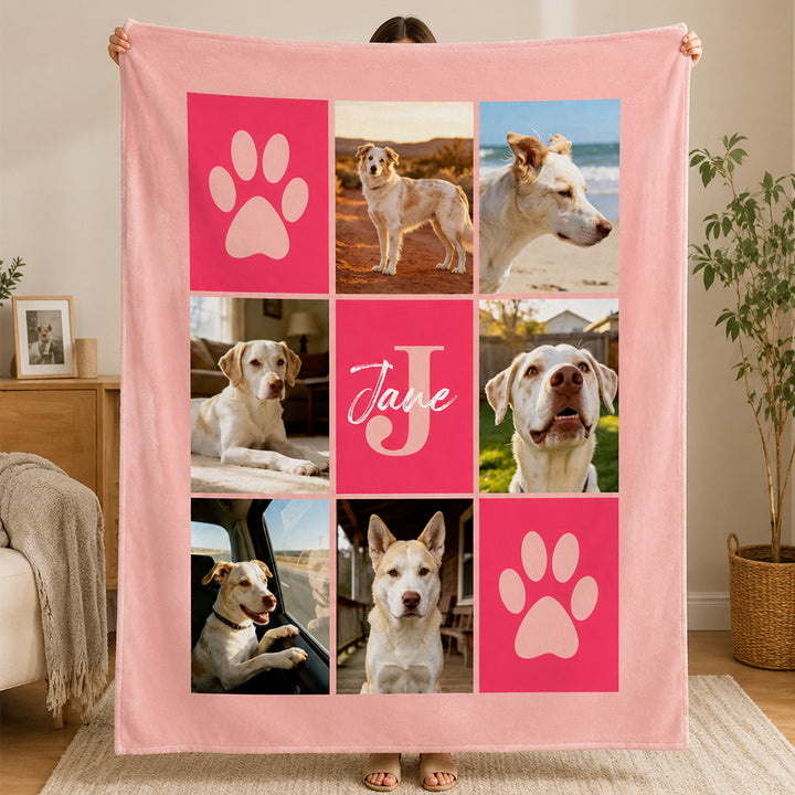 Personalized Multicolor Paw Print 6 Pet Pictures Throw Blanket with Name &amp; Initial Pet Sympathy Memorial Gift for Cat &amp; Dog Lovers
