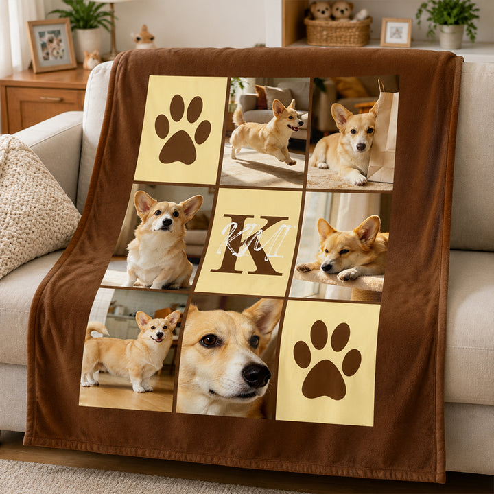 Personalized Multicolor Paw Print 6 Pet Pictures Throw Blanket with Name &amp; Initial Pet Sympathy Memorial Gift for Cat &amp; Dog Lovers