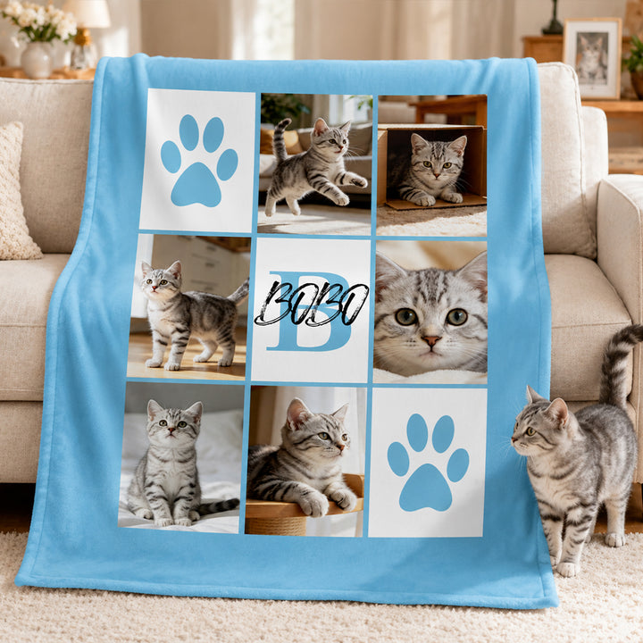 Personalized Multicolor Paw Print 6 Pet Pictures Throw Blanket with Name &amp; Initial Pet Sympathy Memorial Gift for Cat &amp; Dog Lovers