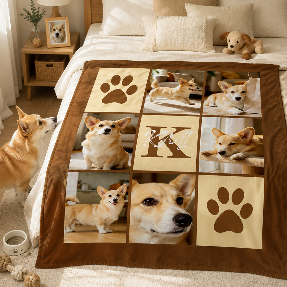 Personalized Multicolor Paw Print 6 Pet Pictures Throw Blanket with Name &amp; Initial Pet Sympathy Memorial Gift for Cat &amp; Dog Lovers