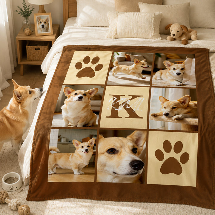 Personalized Multicolor Paw Print 6 Pet Pictures Throw Blanket with Name &amp; Initial Pet Sympathy Memorial Gift for Cat &amp; Dog Lovers