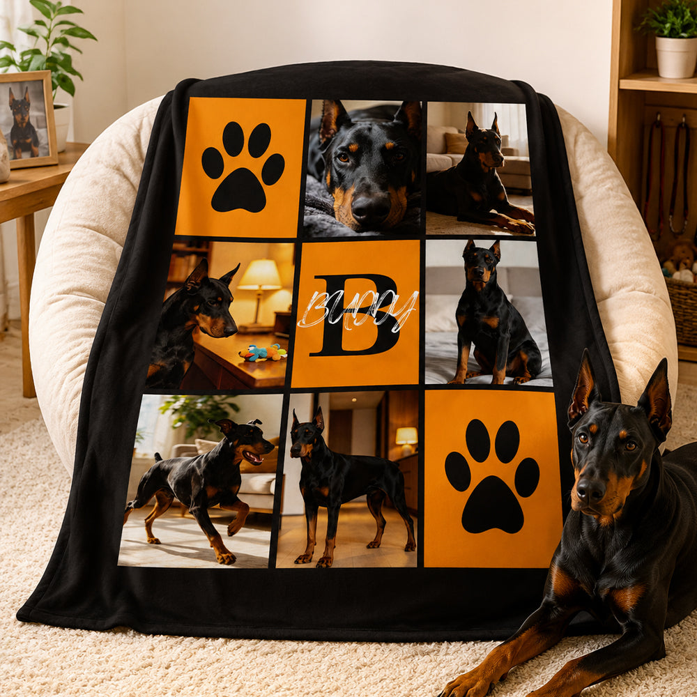 Personalized Multicolor Paw Print 6 Pet Pictures Throw Blanket with Name &amp; Initial Pet Sympathy Memorial Gift for Cat &amp; Dog Lovers