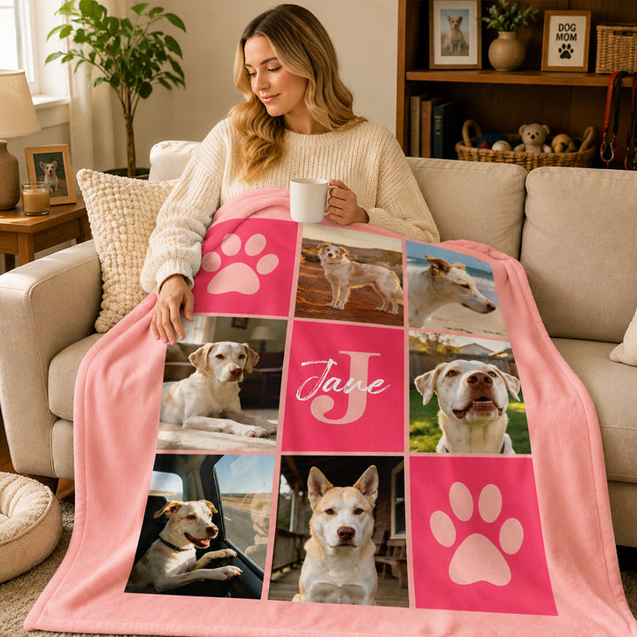 Personalized Multicolor Paw Print 6 Pet Pictures Throw Blanket with Name &amp; Initial Pet Sympathy Memorial Gift for Cat &amp; Dog Lovers