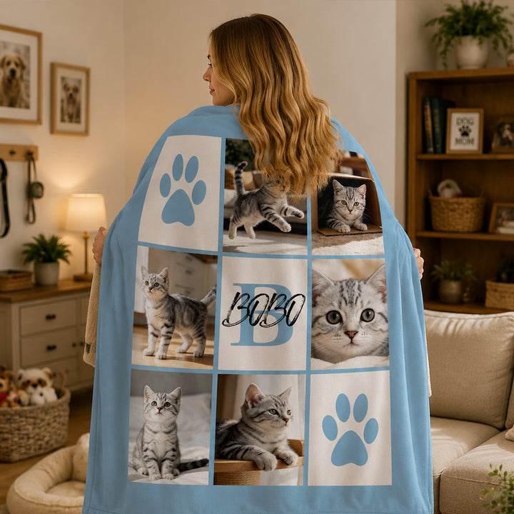 Personalized Multicolor Paw Print 6 Pet Pictures Throw Blanket with Name &amp; Initial Pet Sympathy Memorial Gift for Cat &amp; Dog Lovers