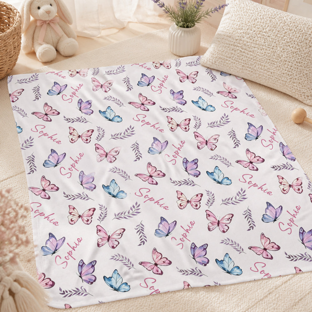 Personalized Name Butterfly Soft Flannel Baby Girl Blanket Custom Floral Leaf Newborn Swaddle  Baby Shower Baptism New Mom Gift