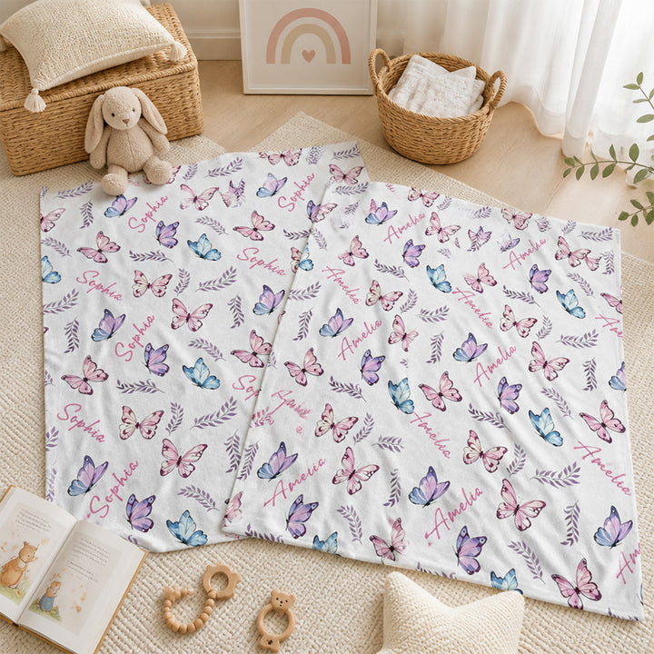 Personalized Name Butterfly Soft Flannel Baby Girl Blanket Custom Floral Leaf Newborn Swaddle  Baby Shower Baptism New Mom Gift