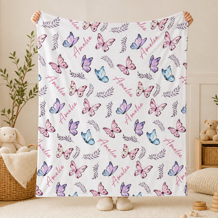 Personalized Name Butterfly Soft Flannel Baby Girl Blanket Custom Floral Leaf Newborn Swaddle  Baby Shower Baptism New Mom Gift