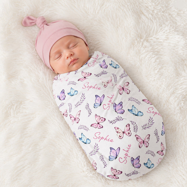 Personalized Name Butterfly Soft Flannel Baby Girl Blanket Custom Floral Leaf Newborn Swaddle  Baby Shower Baptism New Mom Gift