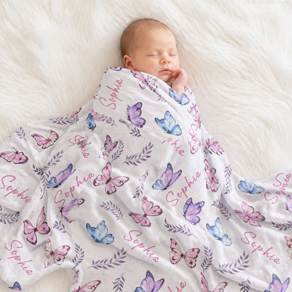 Personalized Name Butterfly Soft Flannel Baby Girl Blanket Custom Floral Leaf Newborn Swaddle  Baby Shower Baptism New Mom Gift
