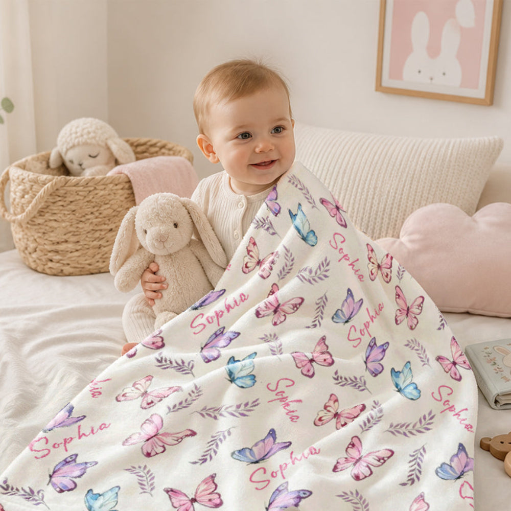Personalized Name Butterfly Soft Flannel Baby Girl Blanket Custom Floral Leaf Newborn Swaddle  Baby Shower Baptism New Mom Gift