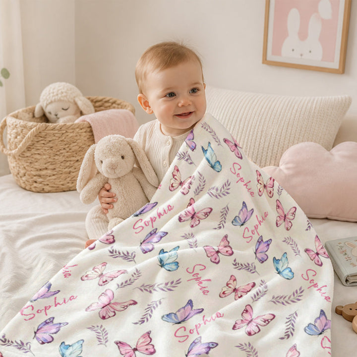 Personalized Name Butterfly Soft Flannel Baby Girl Blanket Custom Floral Leaf Newborn Swaddle  Baby Shower Baptism New Mom Gift