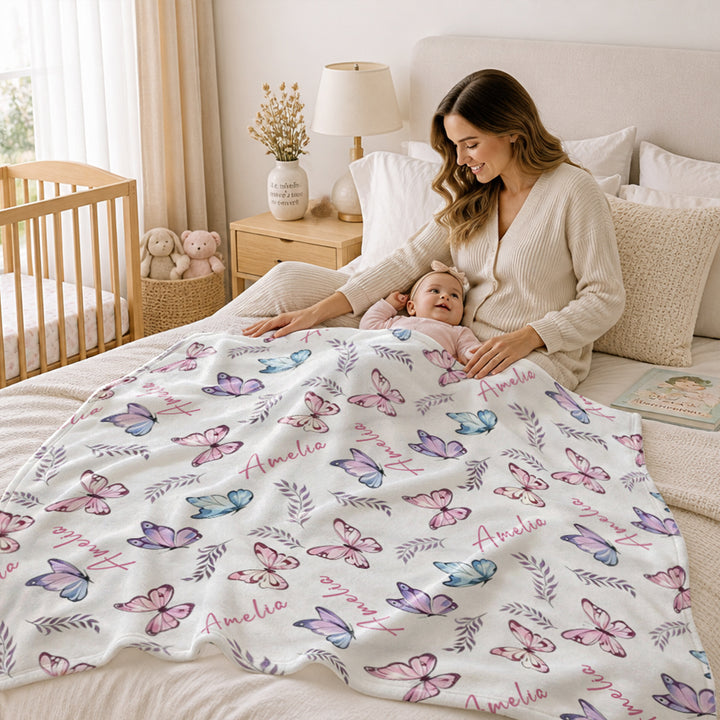 Personalized Name Butterfly Soft Flannel Baby Girl Blanket Custom Floral Leaf Newborn Swaddle  Baby Shower Baptism New Mom Gift