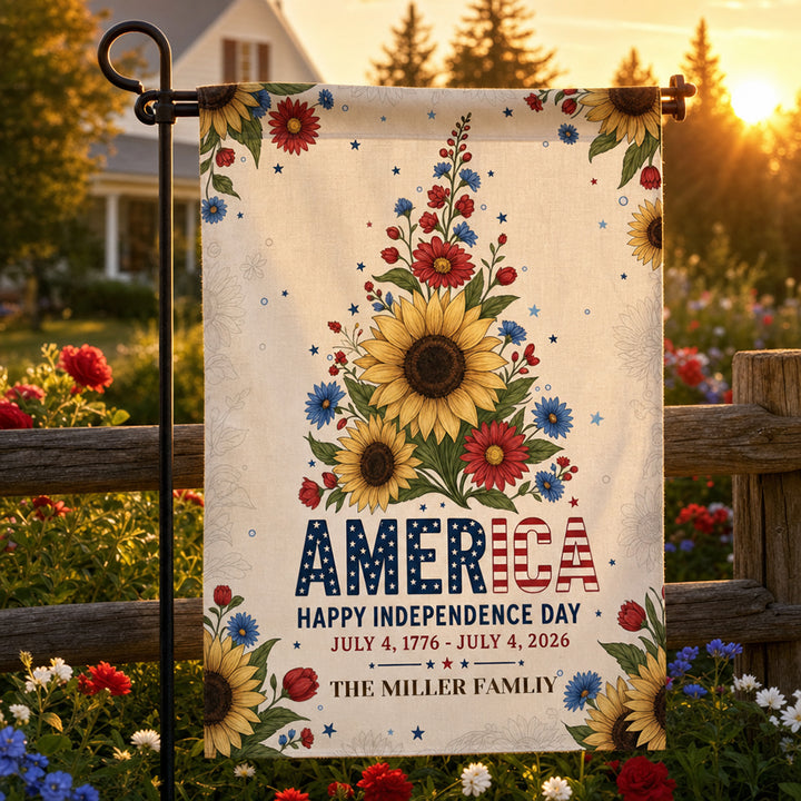 Personalized Patriotic Flower America 250th Birthday Garden Flag Independence Day Garden Flag House Decor Gift