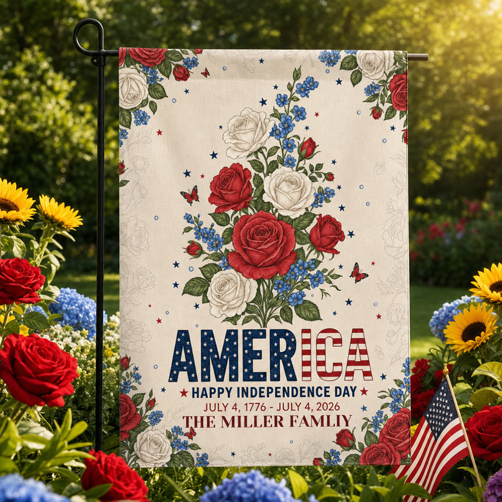 Personalized Patriotic Flower America 250th Birthday Garden Flag Independence Day Garden Flag House Decor Gift