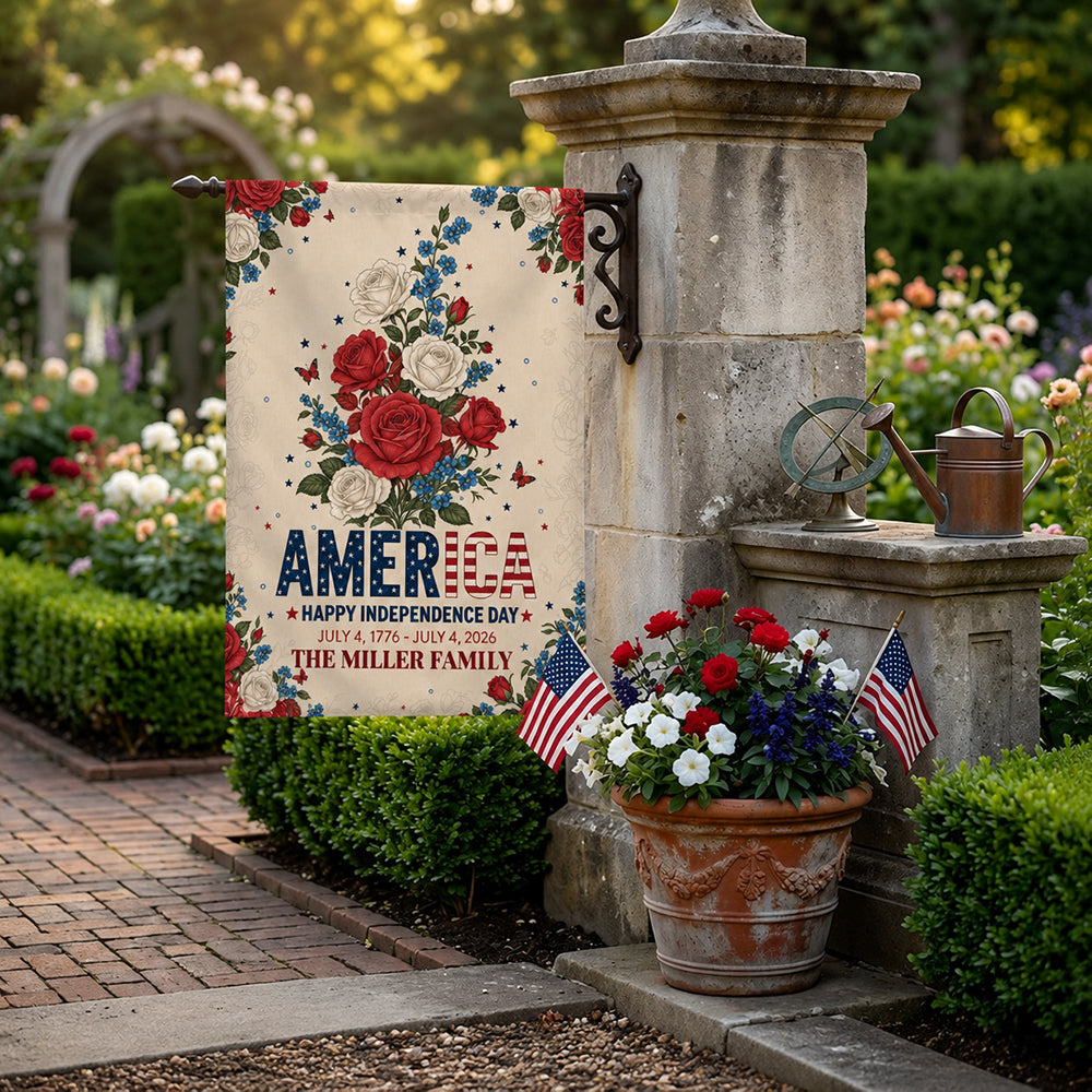 Personalized Patriotic Flower America 250th Birthday Garden Flag Independence Day Garden Flag House Decor Gift