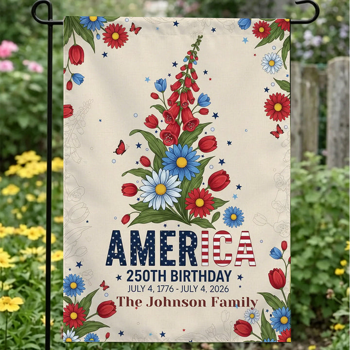 Personalized Patriotic Flower America 250th Birthday Garden Flag Independence Day Garden Flag House Decor Gift