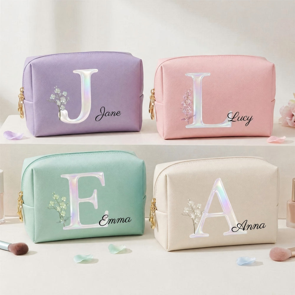 Personalized Pearl Effect Birth Flower Makeup Bag Custom Name Initial Monogram Cosmetic Mother&