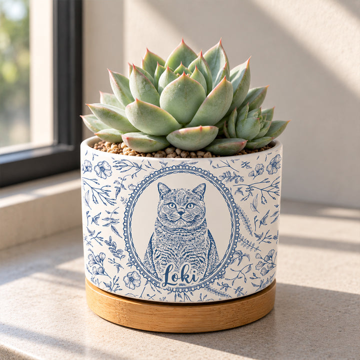 Personalized Pencil Sketch Pet Portrait Ceramic Plant Pot with Custom Photo Toile Design Pet Memorial Gift for Dog Cat Lovers