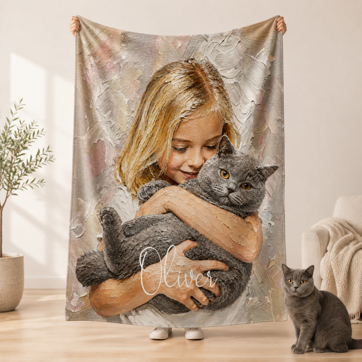 Personalized Pet Blanket Custom Oil Painting Style Pet Portrait with Name Photo Upload Sherpa or Flannel Throw Blanket Pet Memorial Gift for Pet Lovers