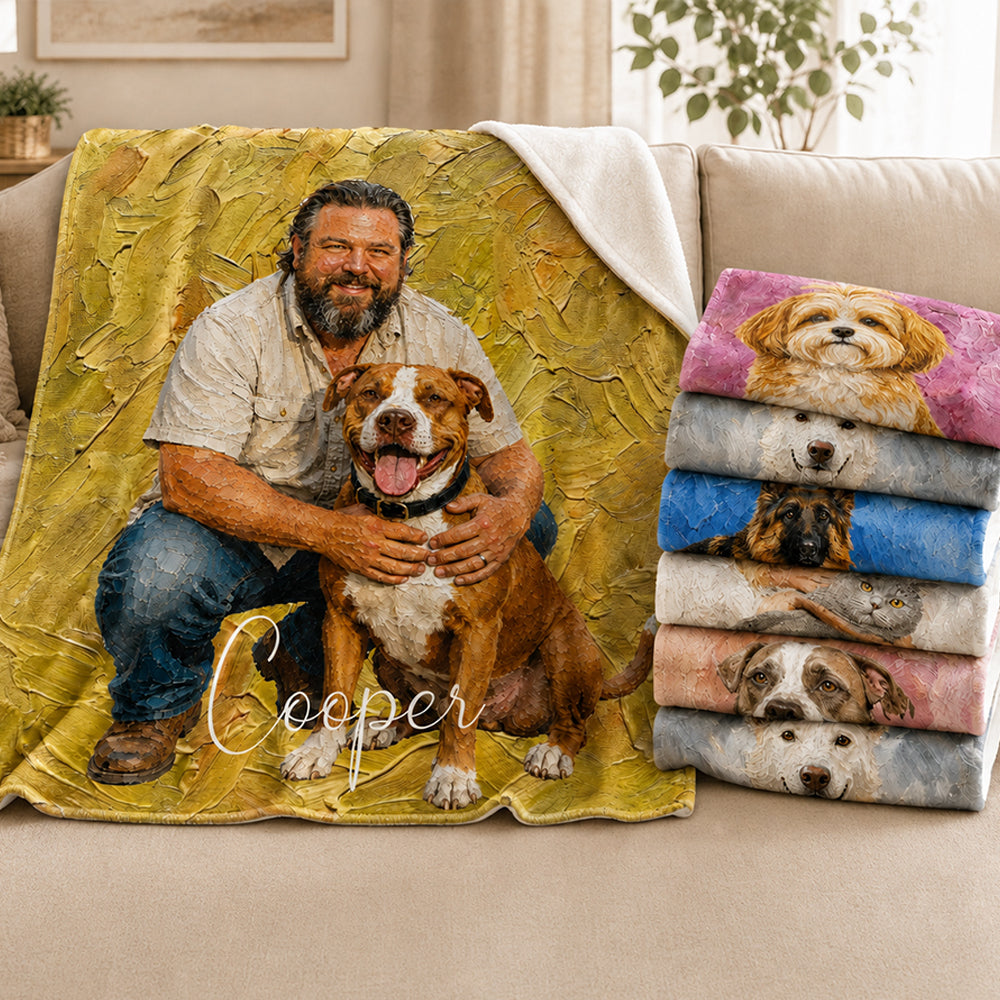 Personalized Pet Blanket Custom Oil Painting Style Pet Portrait with Name Photo Upload Sherpa or Flannel Throw Blanket Pet Memorial Gift for Pet Lovers