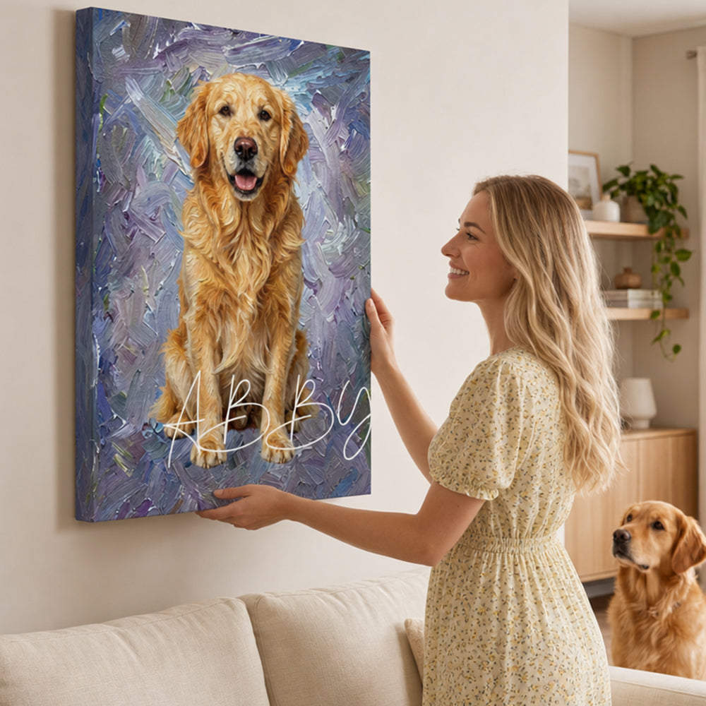 Personalized Pet Canvas Print Custom Oil Painting Style Pet Portrait Canvas Wall Art With Pet Name Customized Photo Upload Dog Cat Memorial Canvas Gift For Pet Lovers