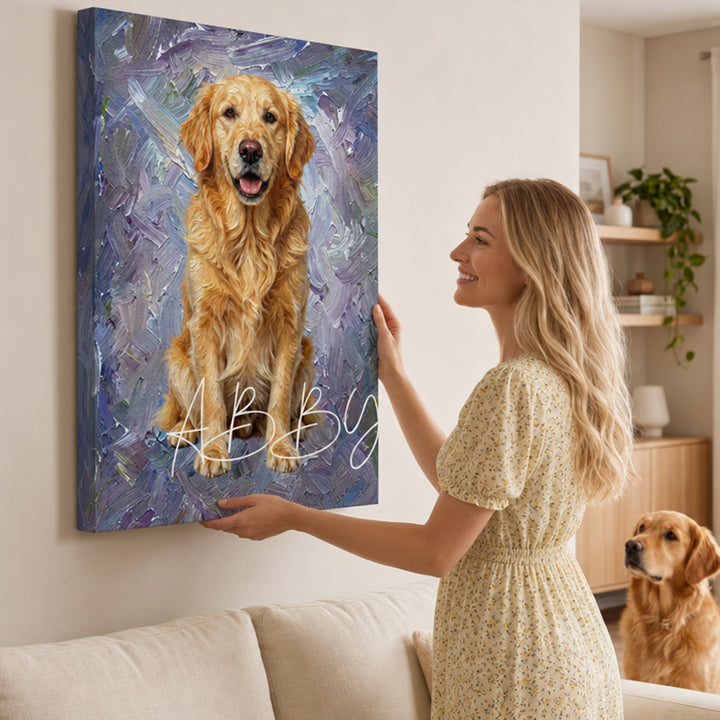 Personalized Pet Canvas Print Custom Oil Painting Style Pet Portrait Canvas Wall Art With Pet Name Customized Photo Upload Dog Cat Memorial Canvas Gift For Pet Lovers