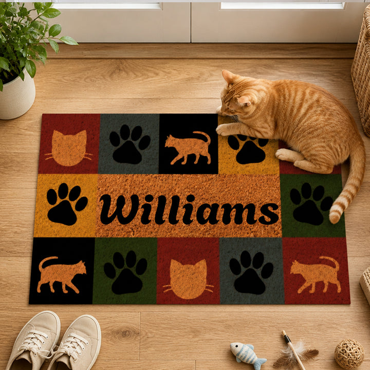 Personalized Pet Paw Silhouette Coir Doormat Custom Name Color Block Pet Welcome Mat Housewarming Gift for Dog Lovers