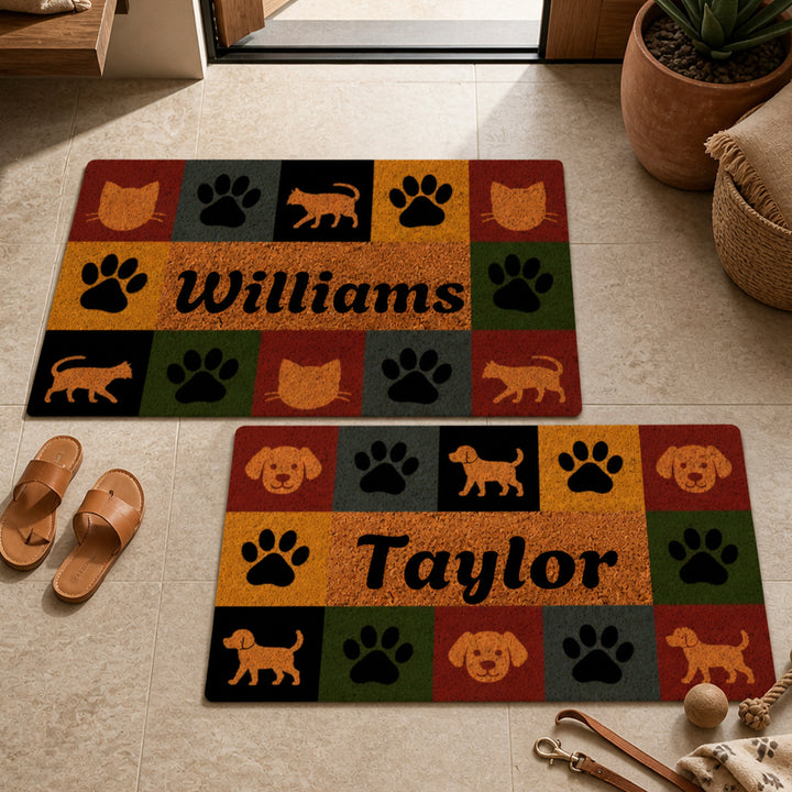 Personalized Pet Paw Silhouette Coir Doormat Custom Name Color Block Pet Welcome Mat Housewarming Gift for Dog Lovers