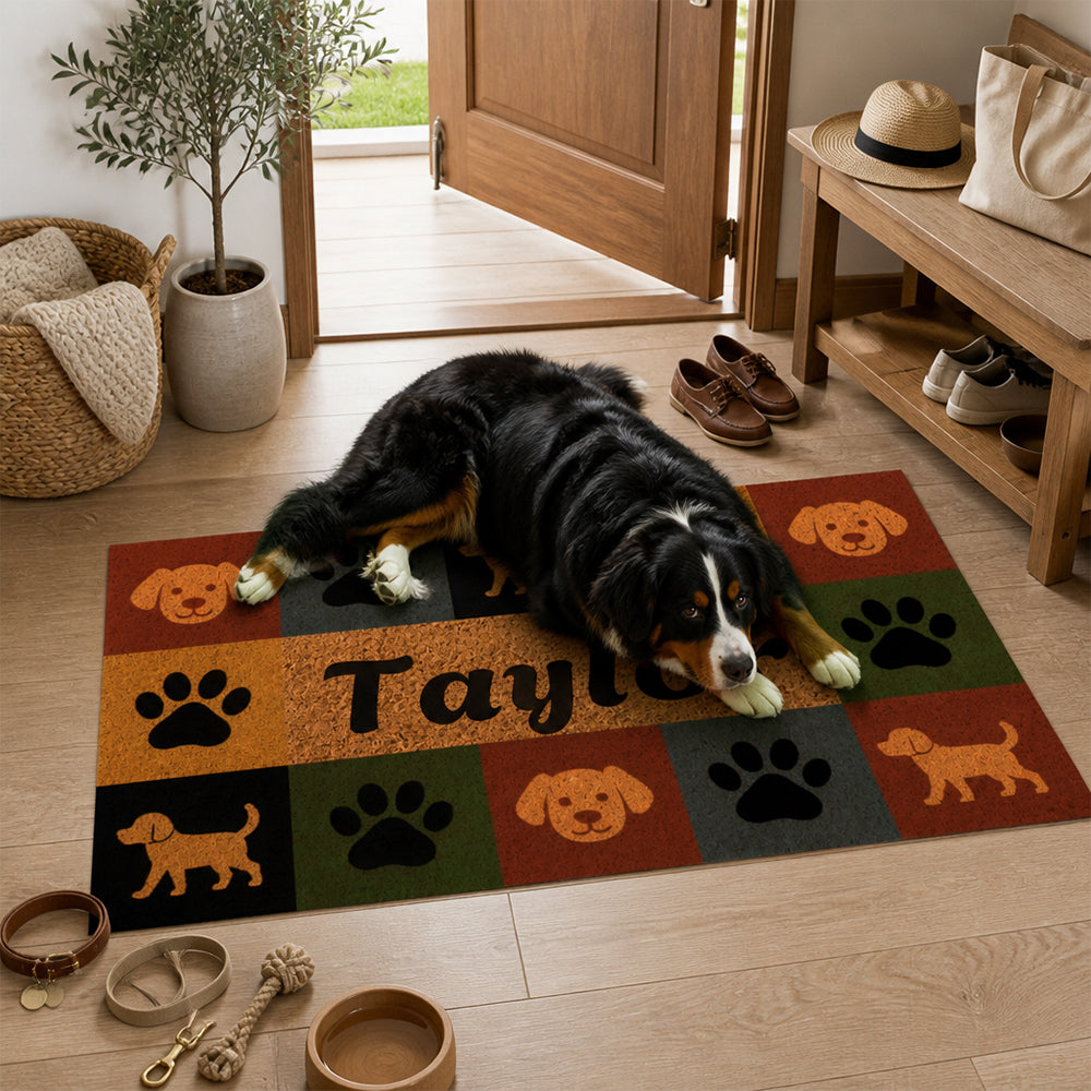 Personalized Pet Paw Silhouette Coir Doormat Custom Name Color Block Pet Welcome Mat Housewarming Gift for Dog Lovers
