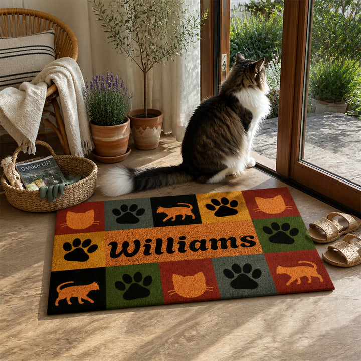 Personalized Pet Paw Silhouette Coir Doormat Custom Name Color Block Pet Welcome Mat Housewarming Gift for Dog Lovers
