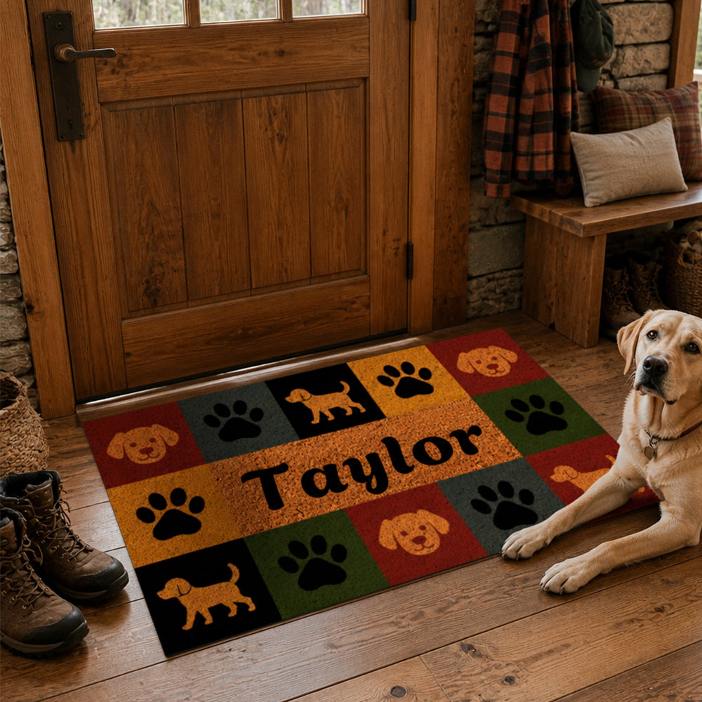 Personalized Pet Paw Silhouette Coir Doormat Custom Name Color Block Pet Welcome Mat Housewarming Gift for Dog Lovers