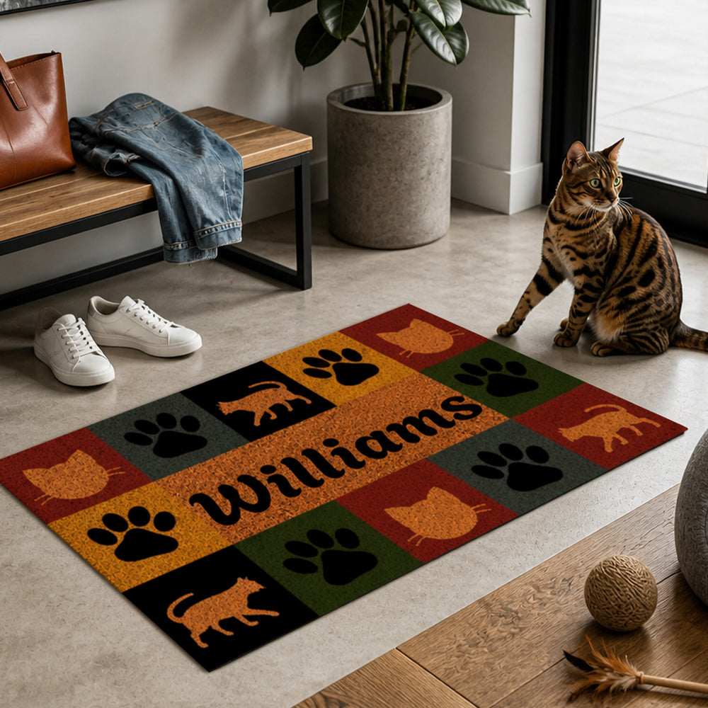 Personalized Pet Paw Silhouette Coir Doormat Custom Name Color Block Pet Welcome Mat Housewarming Gift for Dog Lovers