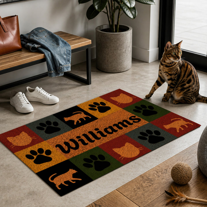 Personalized Pet Paw Silhouette Coir Doormat Custom Name Color Block Pet Welcome Mat Housewarming Gift for Dog Lovers