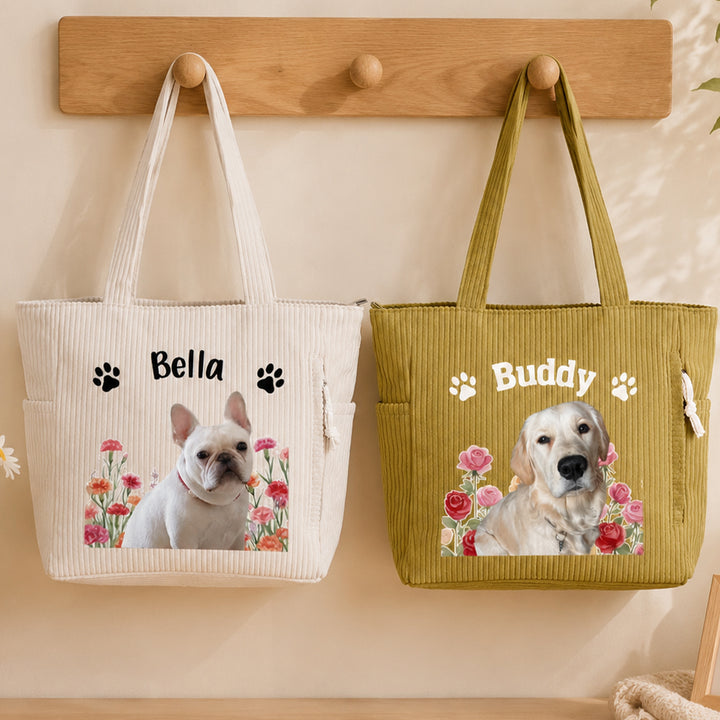 Personalized Pet Photo Corduroy Tote Bag with Birth Flower Custom Name Large Capacity Travel Shoulder Bag Gift for Dog Cat Mom Pet Lovers