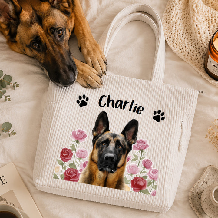 Personalized Pet Photo Corduroy Tote Bag with Birth Flower Custom Name Large Capacity Travel Shoulder Bag Gift for Dog Cat Mom Pet Lovers