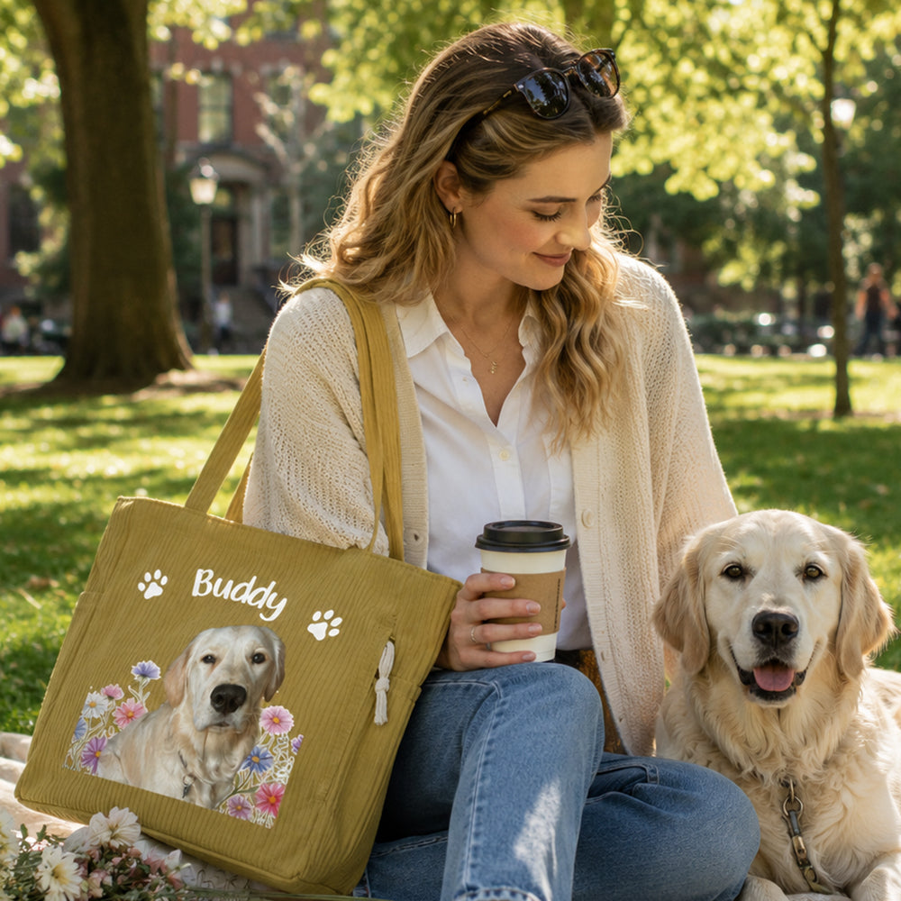Personalized Pet Photo Corduroy Tote Bag with Birth Flower Custom Name Large Capacity Travel Shoulder Bag Gift for Dog Cat Mom Pet Lovers