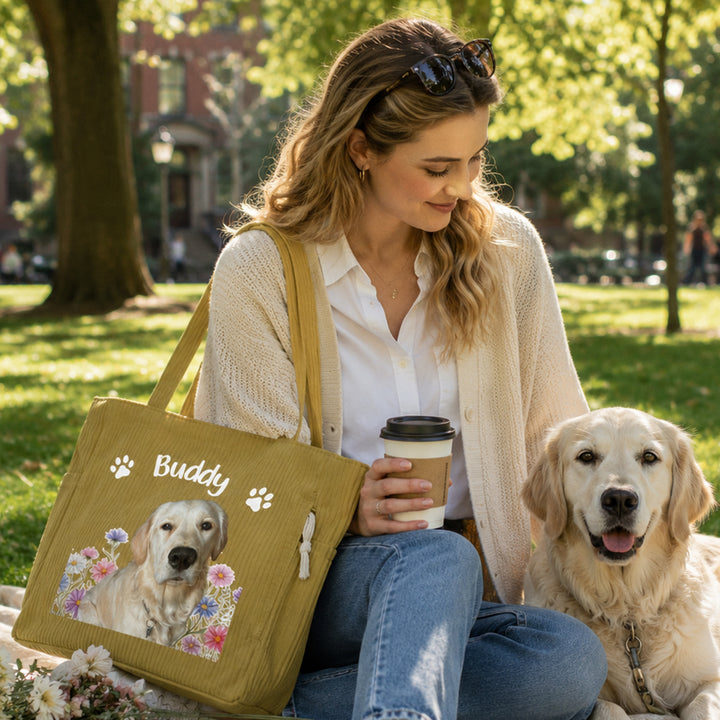 Personalized Pet Photo Corduroy Tote Bag with Birth Flower Custom Name Large Capacity Travel Shoulder Bag Gift for Dog Cat Mom Pet Lovers