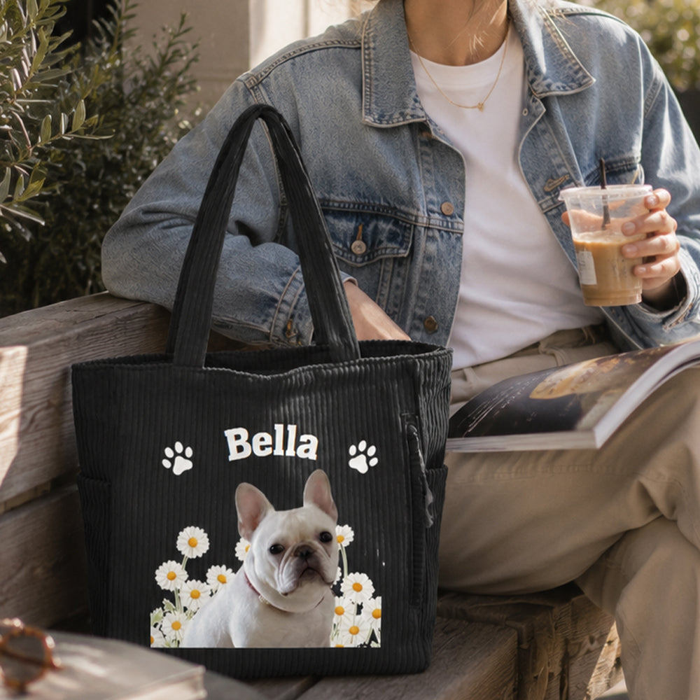 Personalized Pet Photo Corduroy Tote Bag with Birth Flower Custom Name Large Capacity Travel Shoulder Bag Gift for Dog Cat Mom Pet Lovers