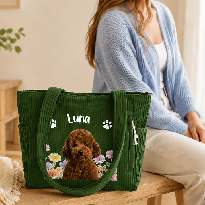 Personalized Pet Photo Corduroy Tote Bag with Birth Flower Custom Name Large Capacity Travel Shoulder Bag Gift for Dog Cat Mom Pet Lovers
