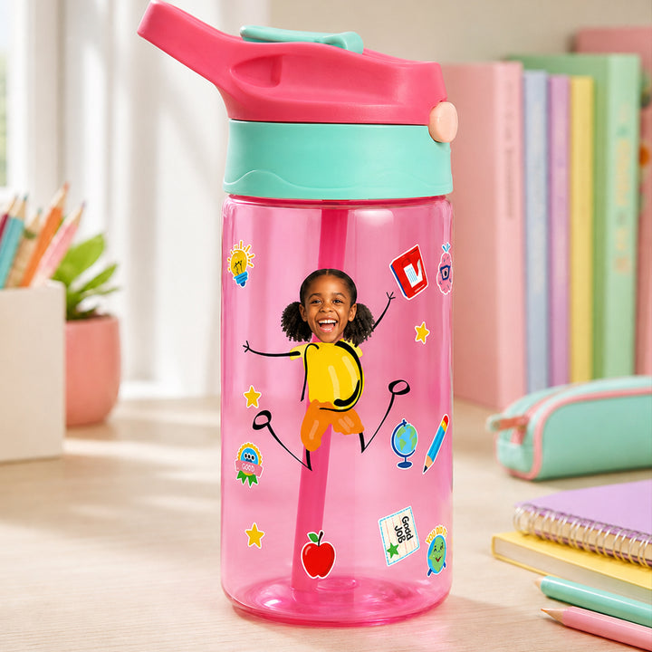 Personalized Photo Kid 16oz Water Bottle with Straw Handle Colorful Cartoon Birthday Back to School Gift