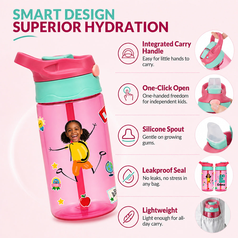 Personalized Photo Kid 16oz Water Bottle with Straw Handle Colorful Cartoon Birthday Back to School Gift