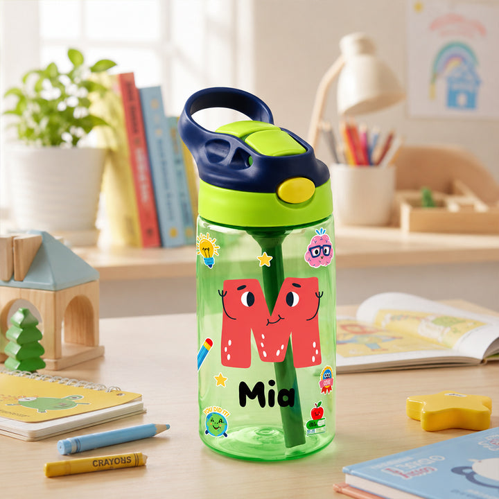 Personalized Photo Kid 16oz Water Bottle with Straw Handle Colorful Cartoon Birthday Back to School Gift
