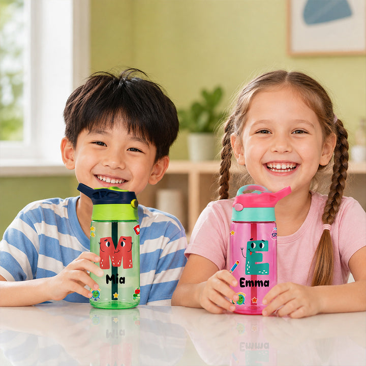 Personalized Photo Kid 16oz Water Bottle with Straw Handle Colorful Cartoon Birthday Back to School Gift