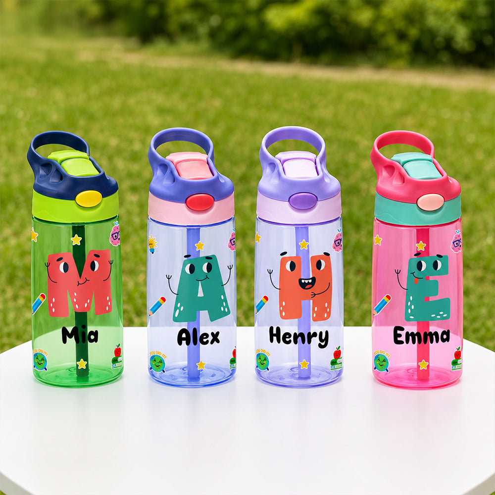 Personalized Photo Kid 16oz Water Bottle with Straw Handle Colorful Cartoon Birthday Back to School Gift